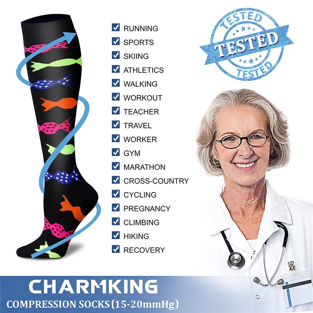 CHARMKING Compression Socks for Women & Men (8 Pairs) 15-20 mmHg Graduated Copper Support Calf Socks are Best for Pregnant, Nurses - Boost Performance, Circulation, Knee High Wide Calf(S/M, Multi 22)