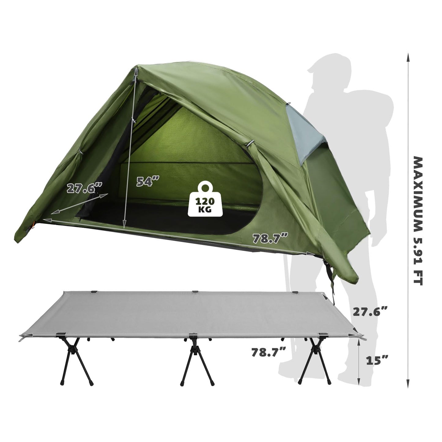 Arctic Lemmings 4-in-1 Camping Cot Tent, Foldable Elevated Tents Set for 1 Person to Use, Portable Tent for Outdoor Hiking, Camping