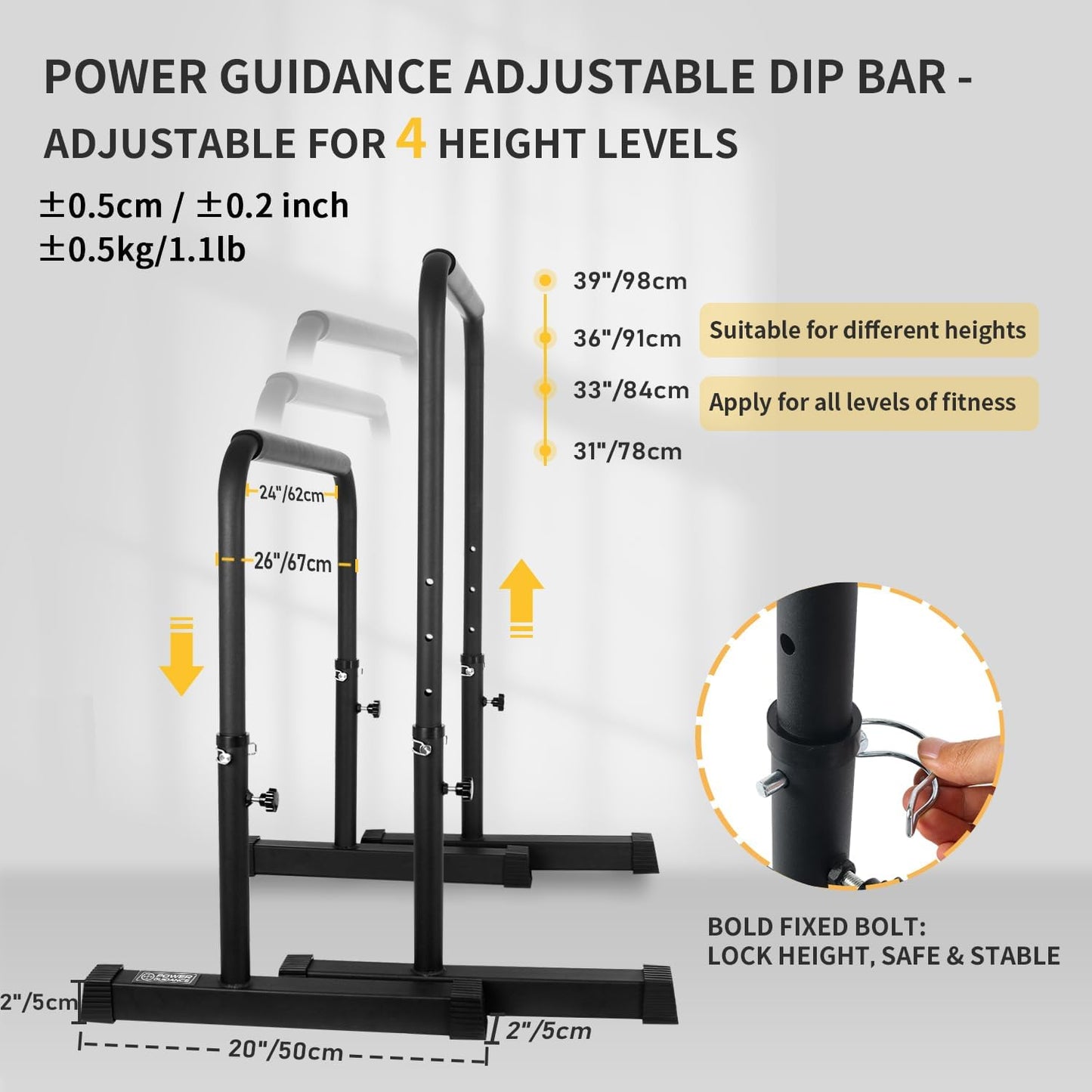 POWER GUIDANCE Dip Bar, Dip Stand Station for Full Body Strength Training, Adjustable Height 30Inches - 38.6Inched, 3 Colors Available