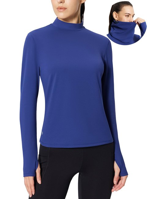 baleaf Thermal Long Sleeve Shirts for Women Mock Neck Base Layer Top Warm Fleece Winter Clothes Cold Weather Gear with Neck Gaiter Blue M
