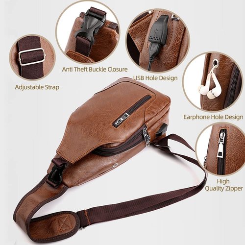 Peicees Pack of 3 Leather Sling Bag Mens Crossbody Bag Chest Bag Sling Backpack for Men with USB Charge Port, Large Classic Black & Medium Classic Black & Medium Vertical Zipper Black