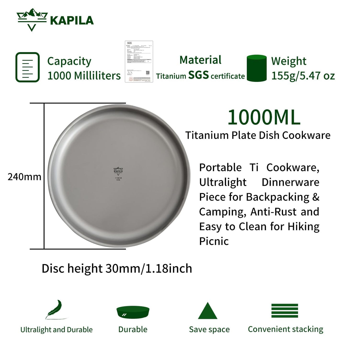 KAPILA Titanium Camping Plate, Dish, Portable Ti Cookware, Ultralight Dinnerware Piece for Backpacking & Camping, Anti-Rust and Easy to Clean for Hiking Picnic (1000ml)