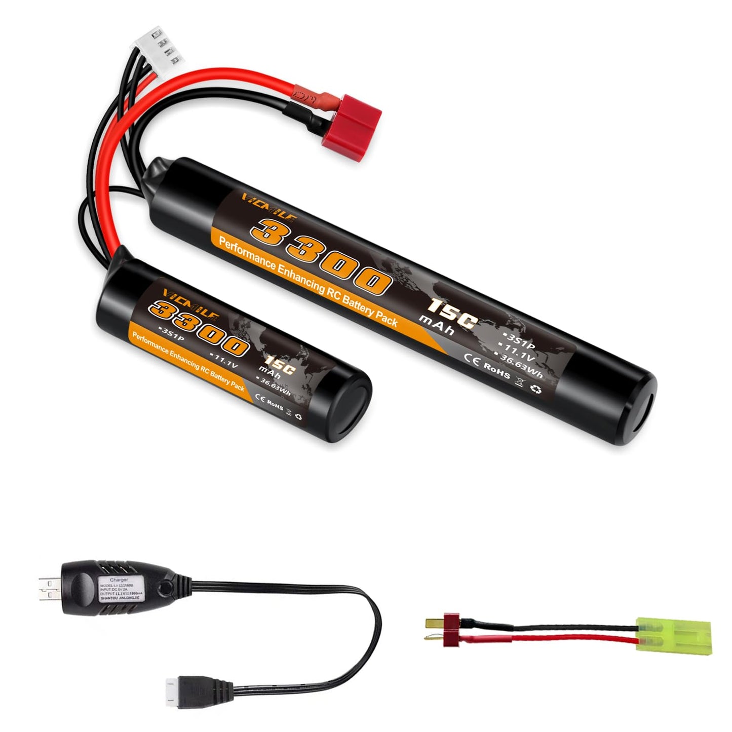 VICMILE 3300mAh Airsoft Battery 11.1V Nunchuck Battery with Dean-Style T Plug and Mini Tamiya Cable 3S Rechargeable Stick Shape Butterfly Fit for aeG AK47 M4 MP5 and Most Airsoft Model Guns Rifles