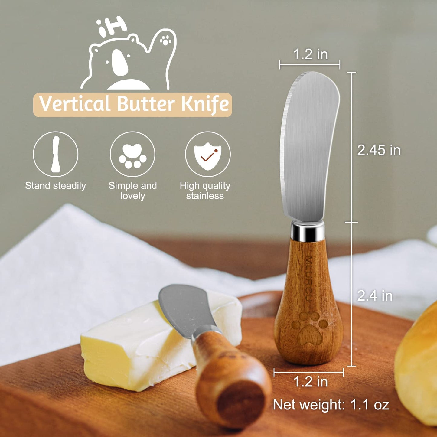Mlurcu Stainless Steel Vertical Knife Set, 4 PCS Acacia Wood Handle Charcuterie Accessories for Butter, Cheese, Fruit, Jam, Ideal Kitchen Baking and Party Picnics Gifts