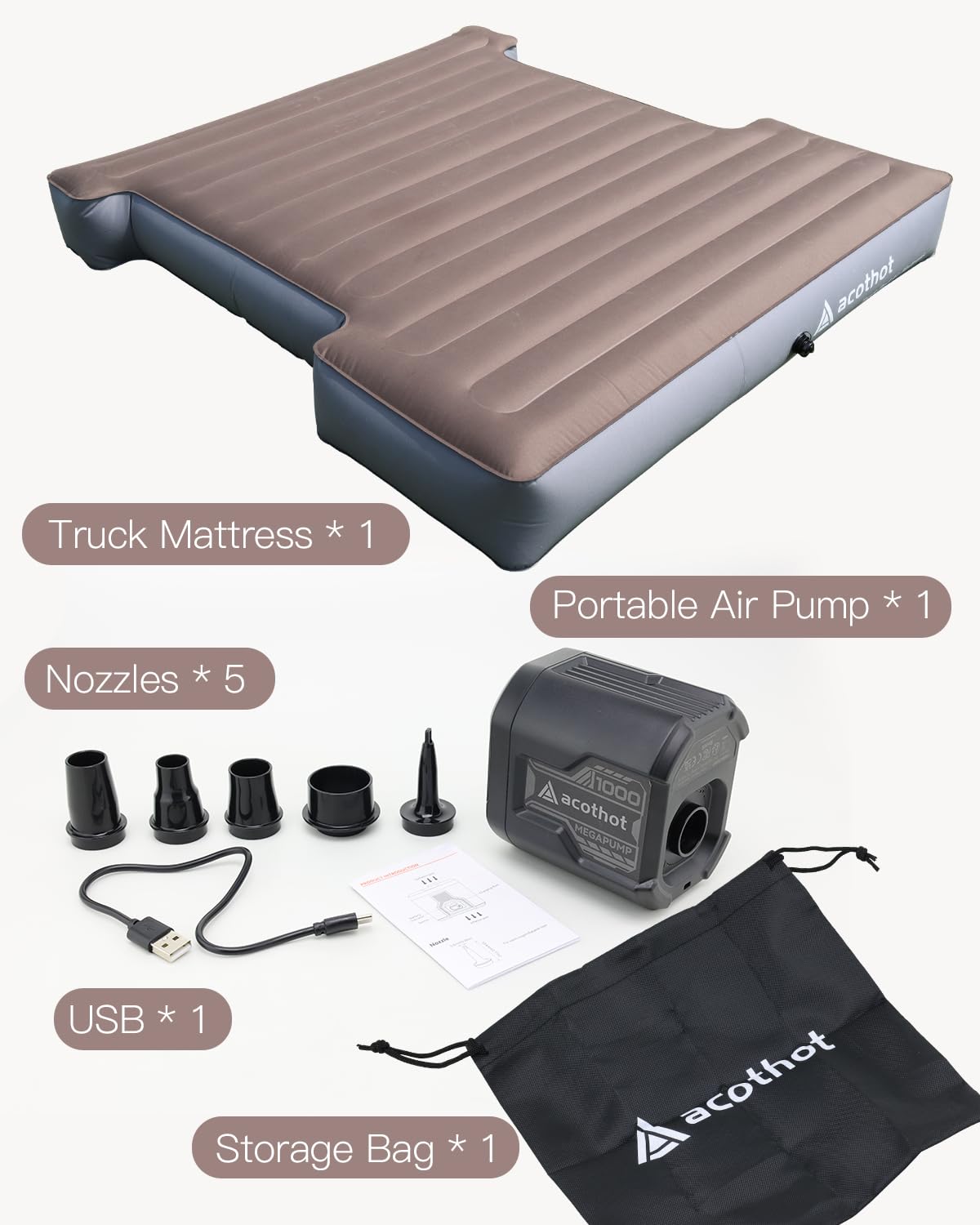 ACOTHOT Truck Bed Air Mattress with Cordless Rechargeable Air Pump, Peachskin Fabric Truck Bed Mattress with 2 Pillows Fits 5.5-5.8ft Short Beds | 9.5" Height Mattress Perfect for Outdoor Camping