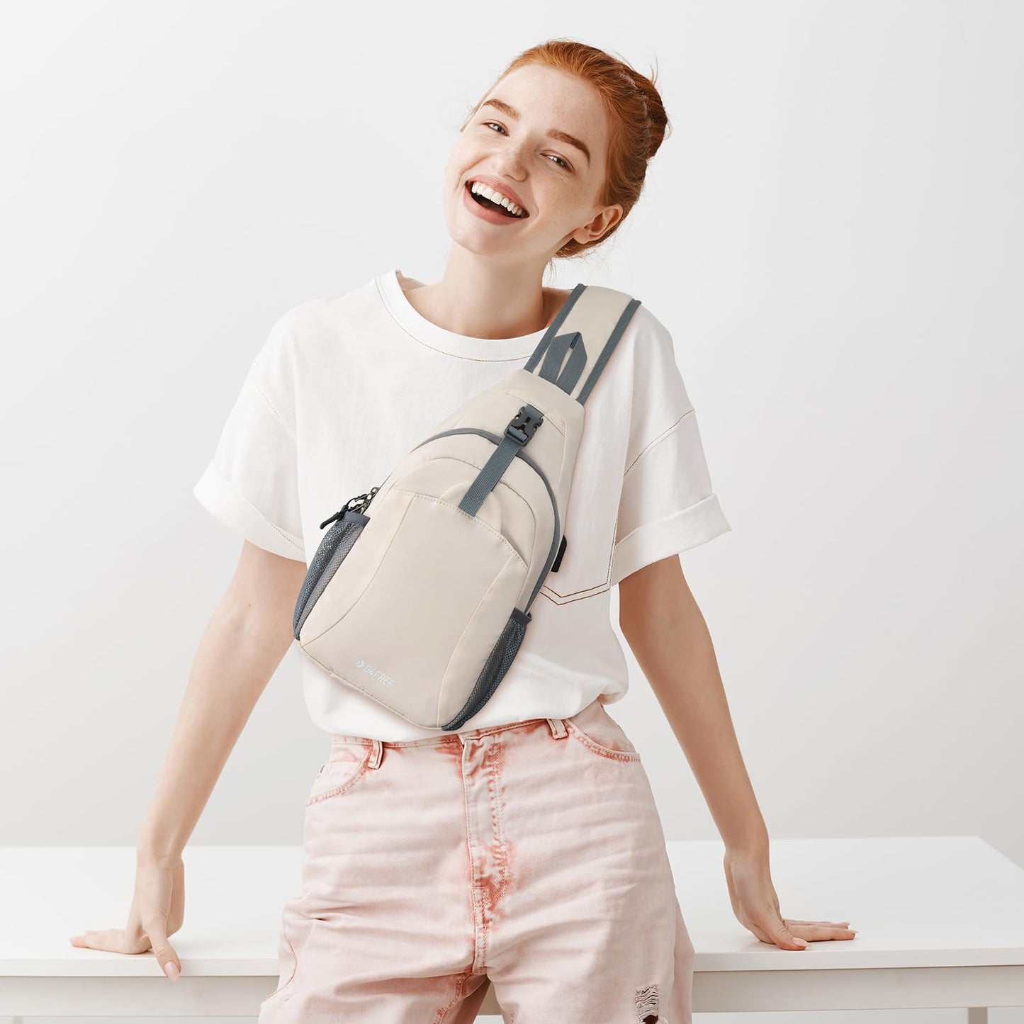 G4Free Sling Bag RFID Crossbody Sling Backpack with USB Charging Port, Travel Hiking Daypack Shoulder Chest Bag for Women Men(Ivory)