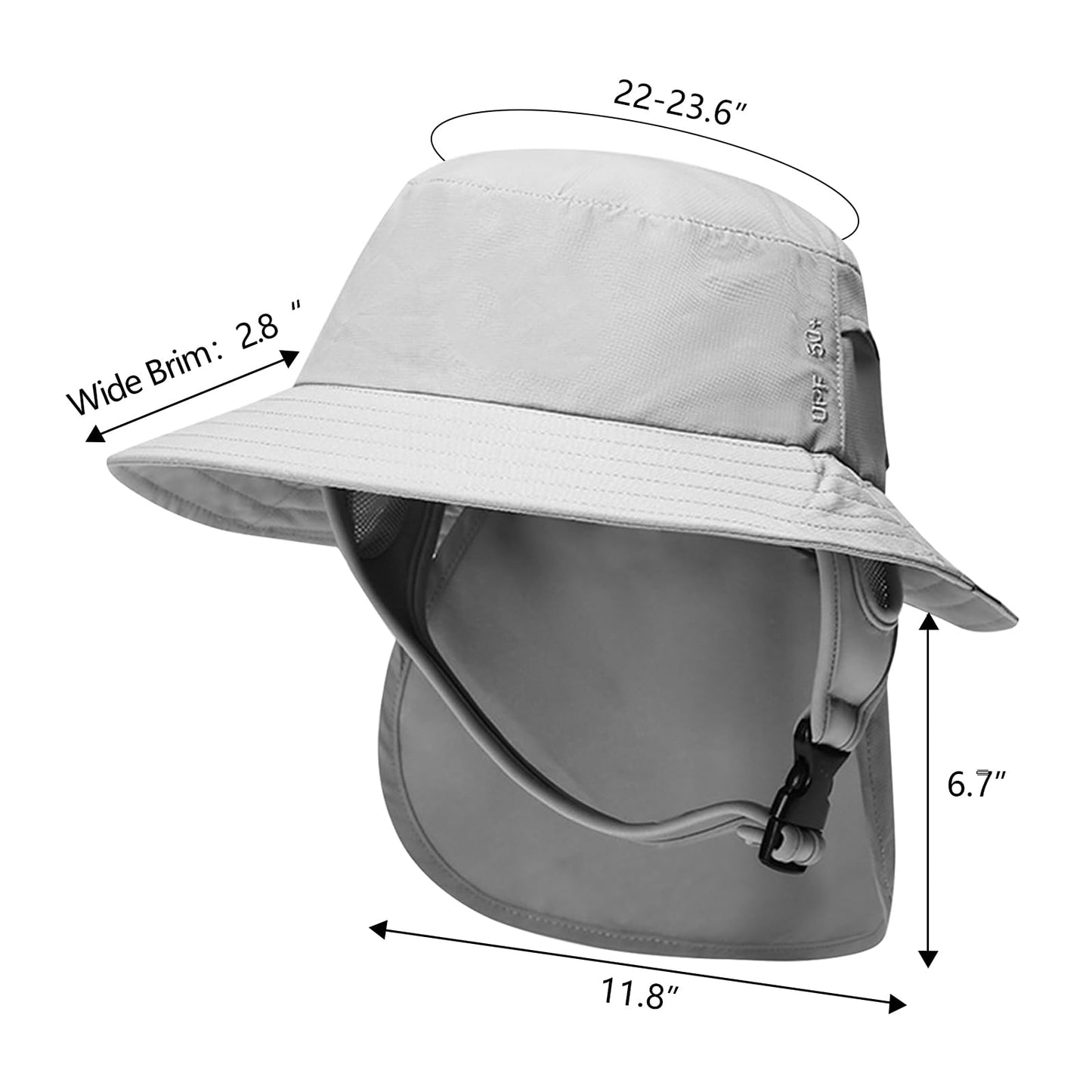 JOYART Surf Hat Bucket Beach Sun Hats with Chin Straps for Surfing,Boating,Riding,Fishing,Hiking,Watersports Men and Women,7cm Wide Stiff Brim-Gray