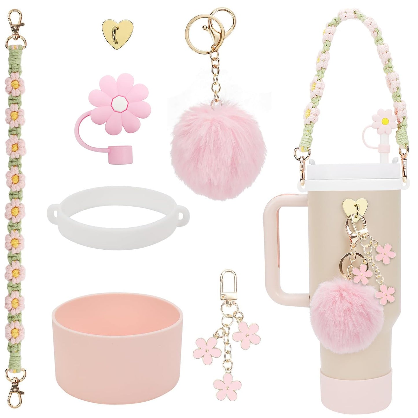 7Pcs Accessories Set for Stanley Cup 40 oz 30 oz, Water Bottle Handle Strap, Siliocne Cup Boot, Flower Straw Cover, Charms for Stanley - Light Pink