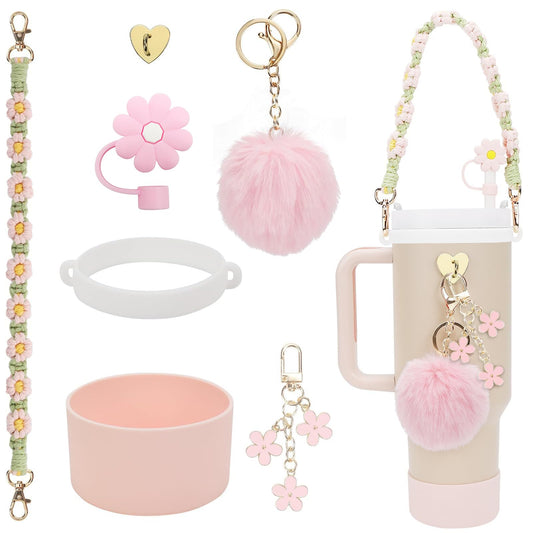 7Pcs Accessories Set for Stanley Cup 40 oz 30 oz, Water Bottle Handle Strap, Siliocne Cup Boot, Flower Straw Cover, Charms for Stanley - Light Pink