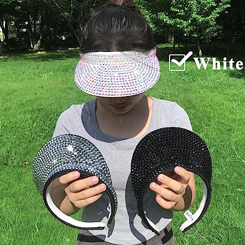 Sun Visors Hats Women & Men Rhinestones Clip-On Adjustable Beach Cap - White 6 3/4-7 1/4