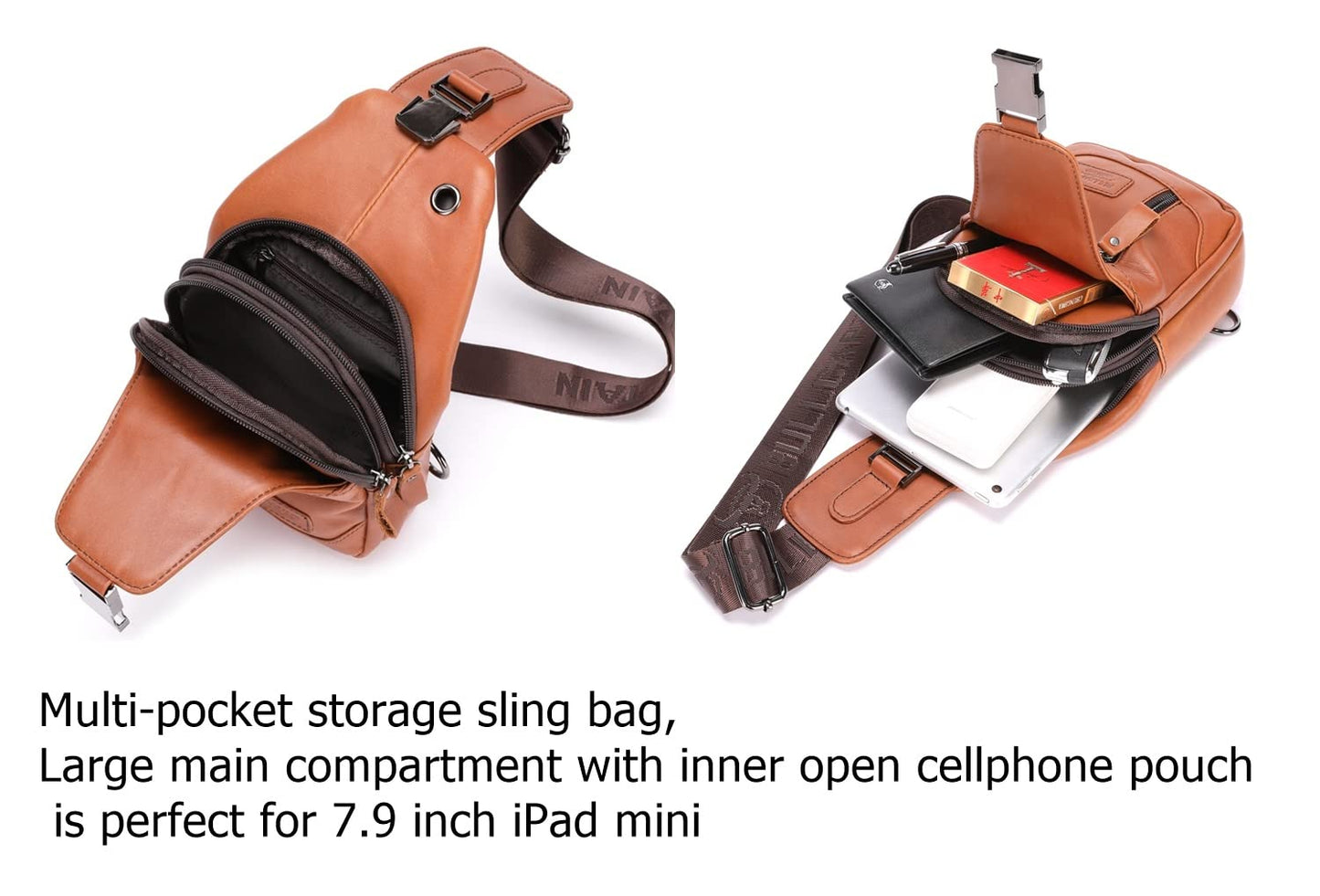 BULLCAPTAIN Sling Bag Genuine Leather Crossbody Backpack Outdoor Travel Chest Bag Daypack (095-Brown3)