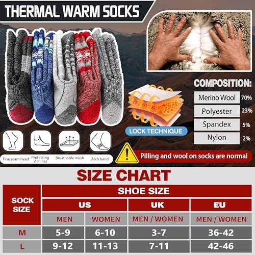 5 Pairs Merino Wool Hiking Socks Thermal Winter Warm Moisture Wicking Cushion Outdoor Socks for Women & Men
