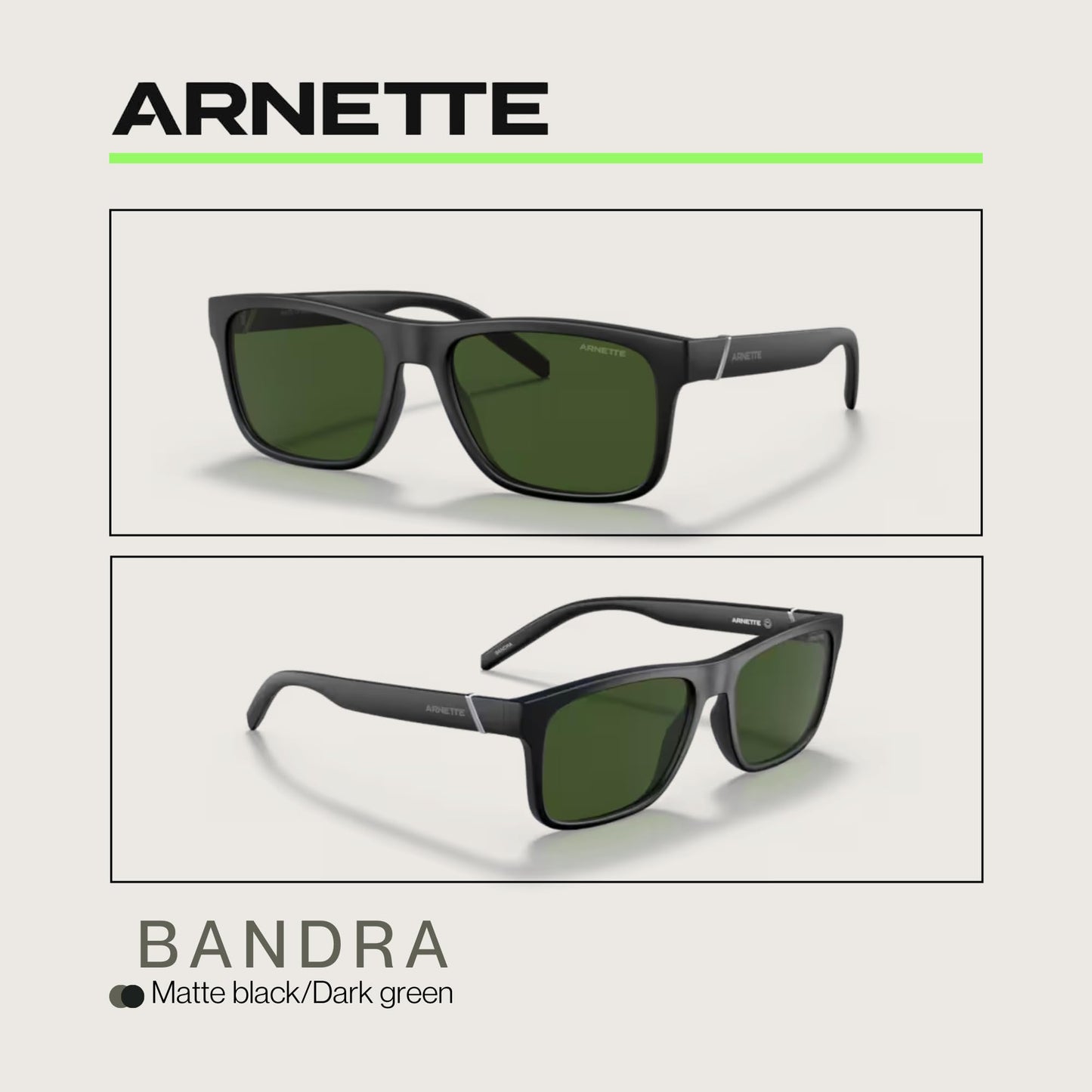ARNETTE Bandra AN4298 275871 55MM Matte Black/Dark Green Square Sunglasses for Men +BUNDLE with ACCESSORY EYEWEAR KIT