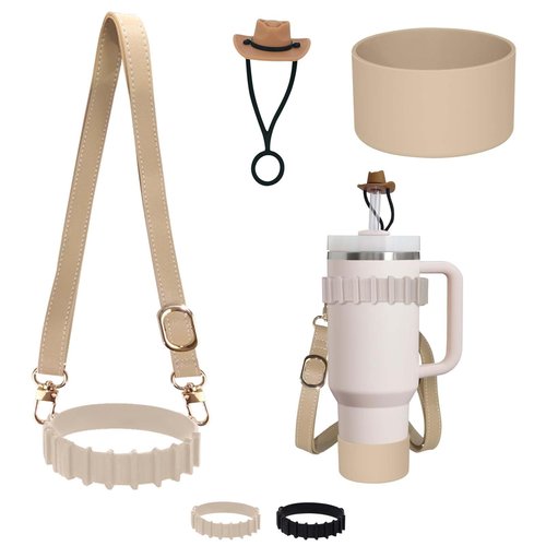 Water Bottle Holder, Water Bottle Sling with Adjustable Shoulder Strap fits for Stanley Quencher H2.0 40oz 30oz Tumbler with Handle, for Stanley Cup Water Bottle Sports Gym Camping Walking(Beige)