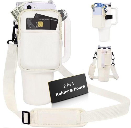Royacon Water Bottle Carrier Bag with Pouch Pocket for Stanley Cup 40 Oz Tumbler, Neoprene Cup Carrier Holder Water Bottle Holder Pouch with Adjustable Strap & Carabiner for Stanley Cup Accessories