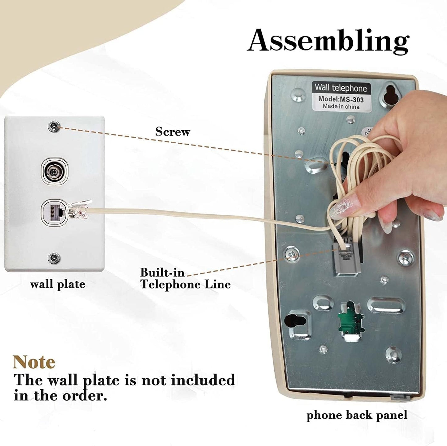 Wall Phone with Classic Design,Corded Wall Phone,Crisp Mechanical Ringer,Easy to Install, Retro Phone, Perfect for Kitchen,Living Room & Bedroom (Beige)
