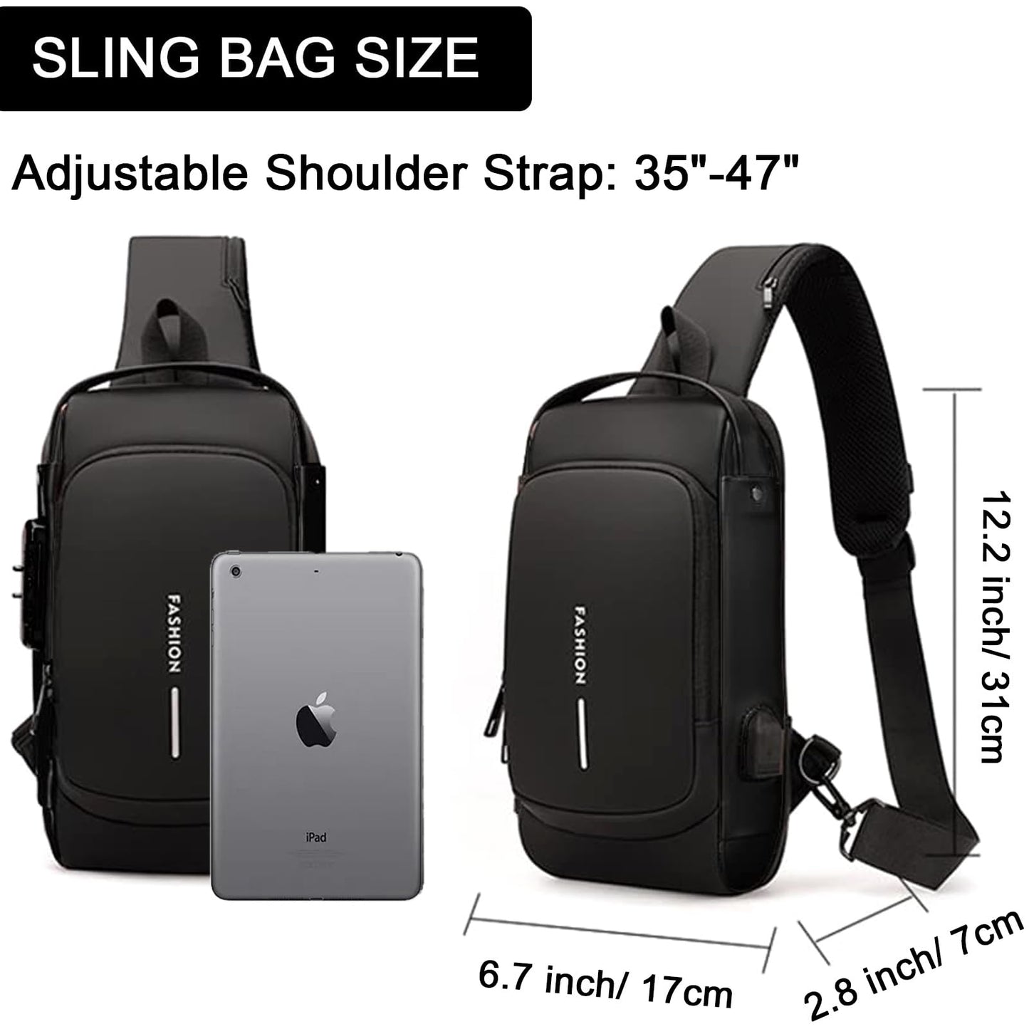 ISDULA Sling Bag for Men Anti-Theft USB Crossbody Bags Waterproof Chest Daypack Waterproof Shoulder Backpack (Black)