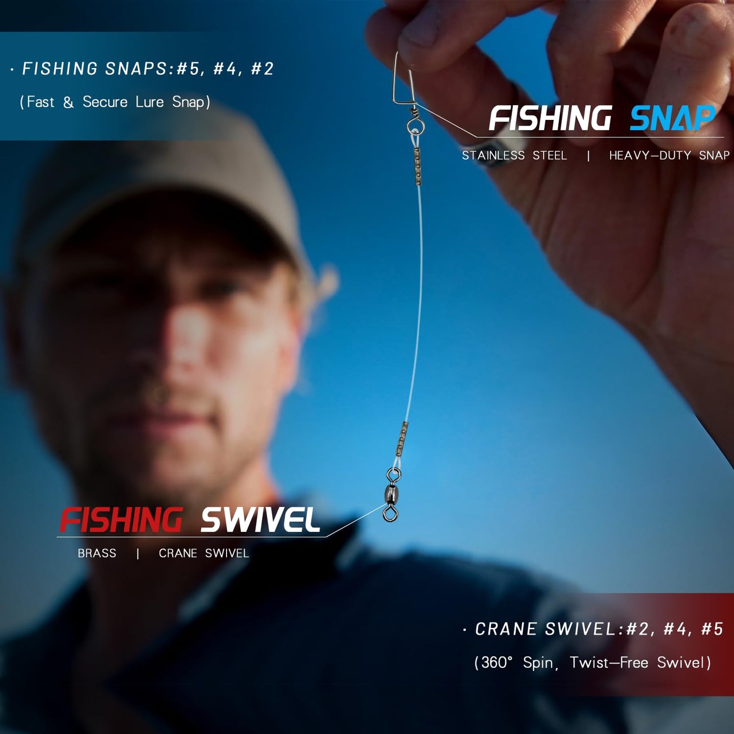 Fishing Fluorocarbon Leader with Crane Swivel and Snaps - Heavy Duty 20-80lb Fluorocarbon Leader Connects Lures, Bait, or Hooks for Saltwater & Freshwater Fishing