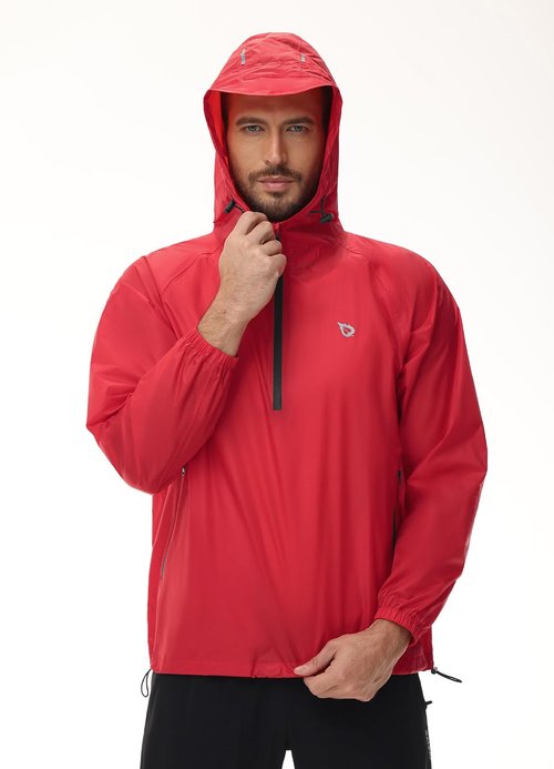baleaf Men's Light Running Hiking Rain Jacket Waterproof with Hood Windbreaker Pullover Coats Hoodie Packable Red 2XL