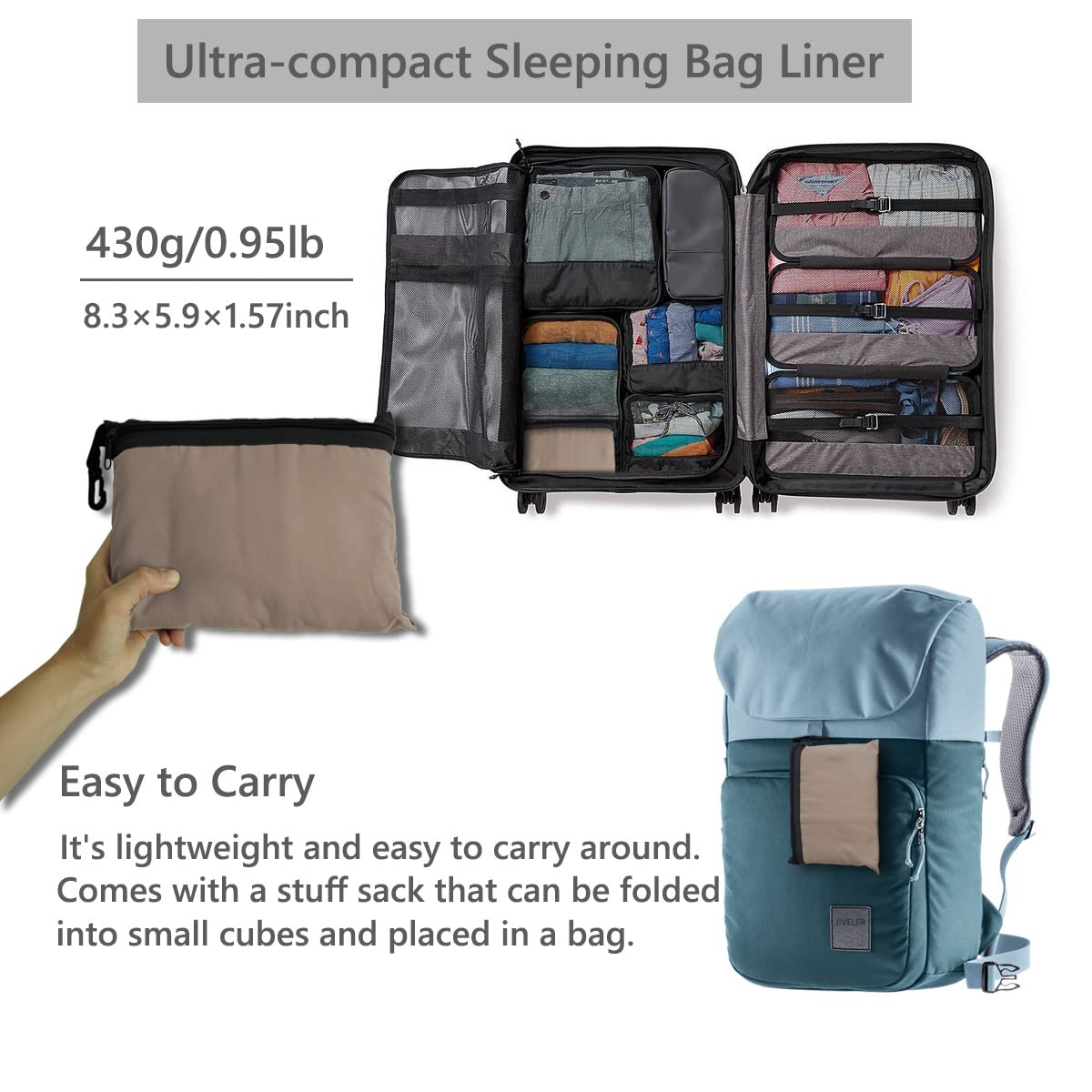 JIVELER Lightweight Sleeping Bag Liner Camping Travel Sheets Ultralight Sleeping Bag Sack for Backpacking Hiking Hotel Hostels and Traveling, Stuff Sack Included (Khaki)