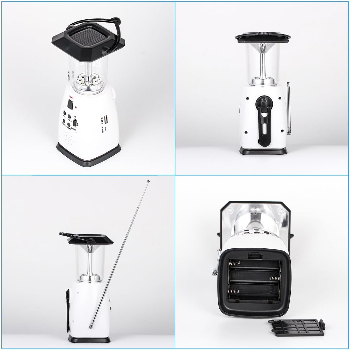 HOSHINE Solar Dynamo Multi-Functional 4-Way Powered Emergency Hand Crank FM Radio LED Camping Lantern Flashlight Phones Charger (White)