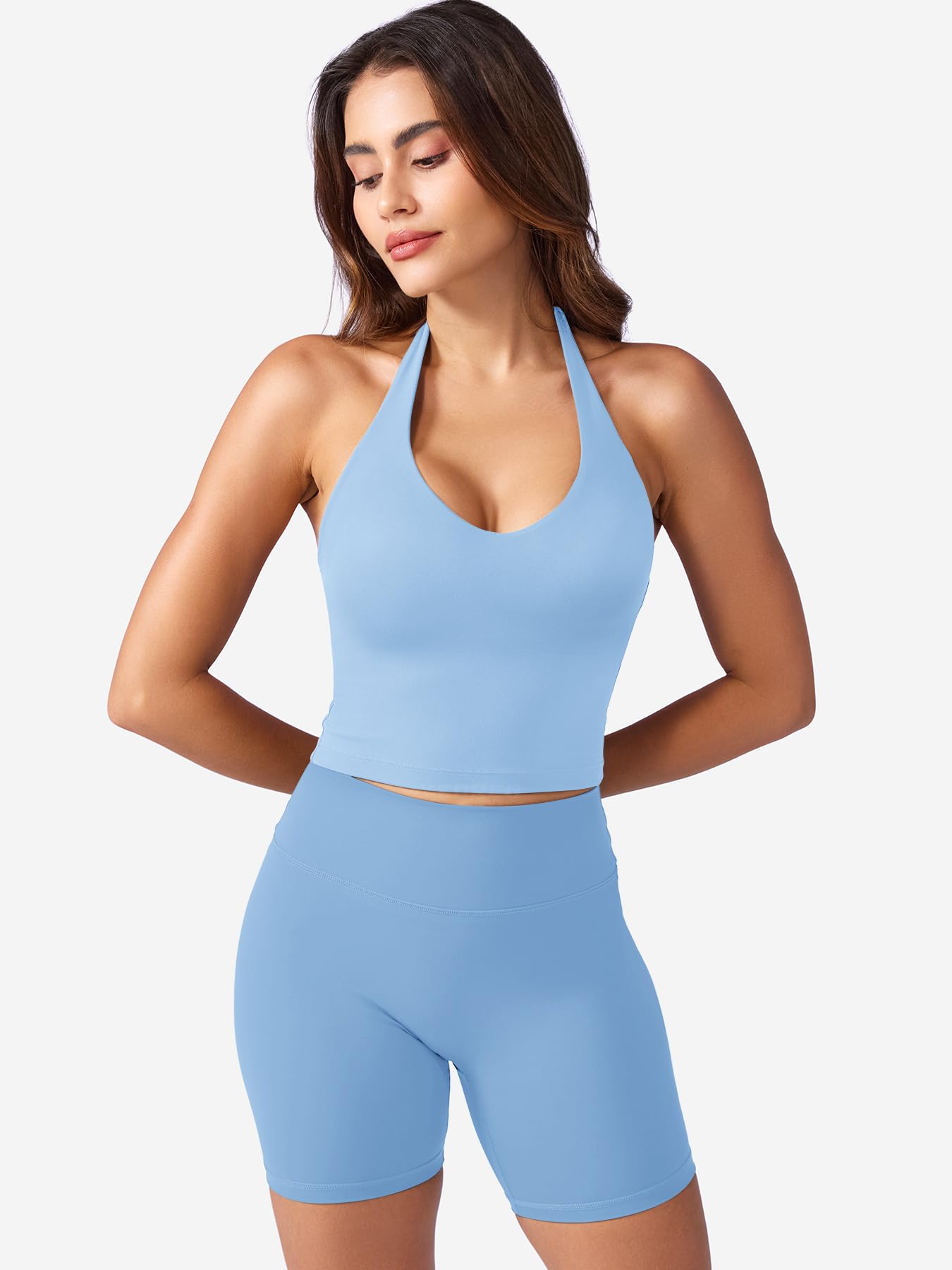 YEOREO Women's Halter Crop Top V Neck Workout Going Out Tank Top Padded Sleeveless Backless Trendy Summer Camisole