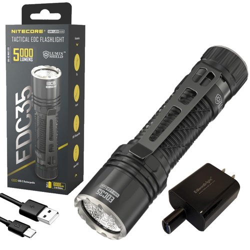EdisonBright Nitecore EDC35 5000 Lumen LED USB-C Rechargeable Powerful Flood/spot Beam Tactical Flashlight, Battery, Paracord Lanyard Charging Adapter