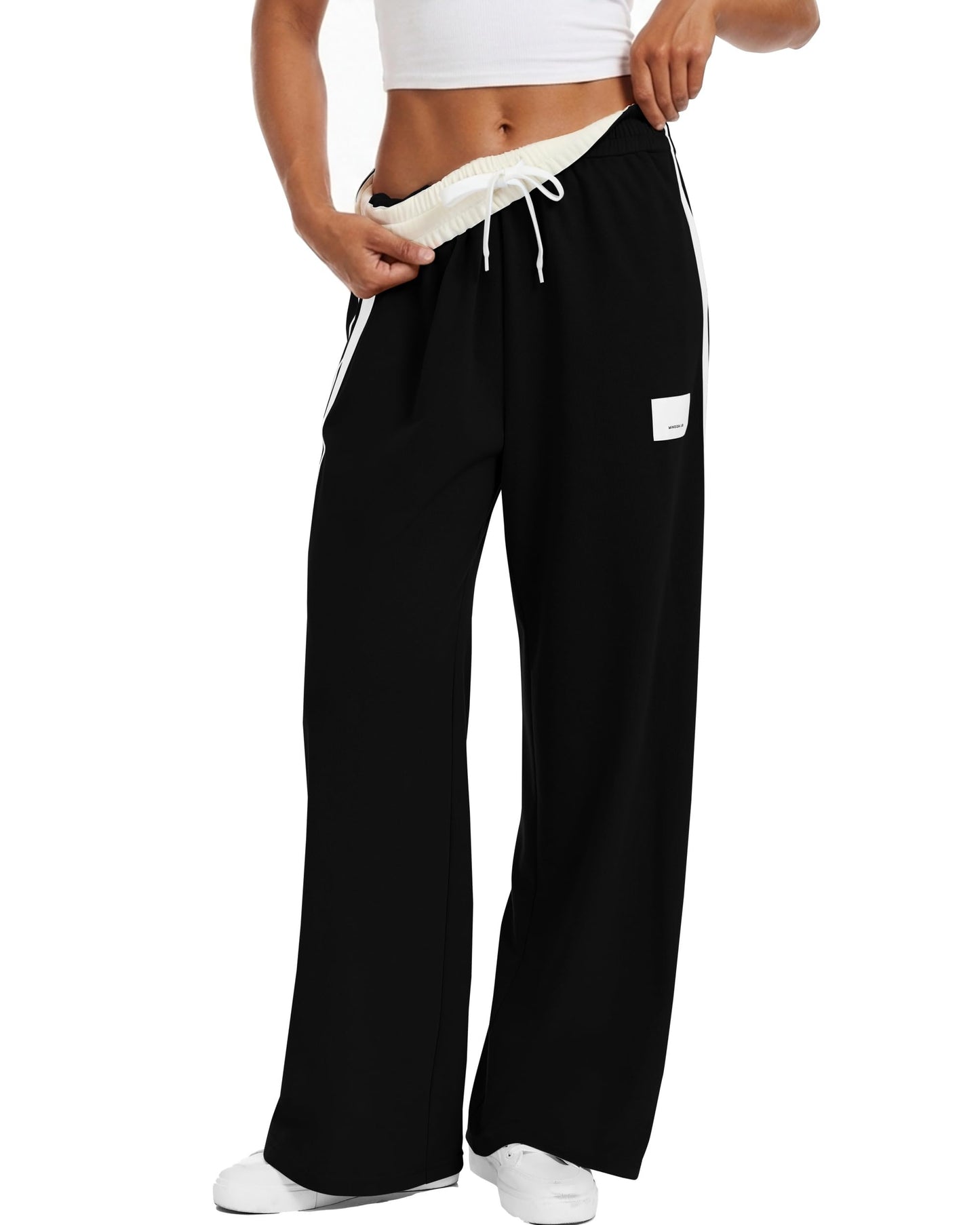 YIPINK Womens Track Pants Athletic Running Pants Sweatpants Straight Leg Cotton Fold-Over Sports Jogging Striped Loose Fit Black