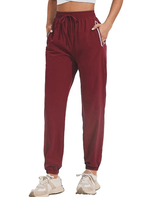 PINSPARK Lady Joggers Pants Athletic Running Jogging Pants Quick Dry Zipper Pockets Sports Hiking Pants with Reflective Strip Dark Red XS