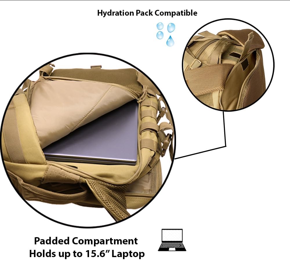 Exos Bravo Backpack - Large Military Hiking Backpack 34L - Waterproof Heavy-Duty Molle Hunting Bag for Men - Tactical Rucksack Daypack - Hydration Pack Compatible for Running, Cycling - (Coyote Tan)