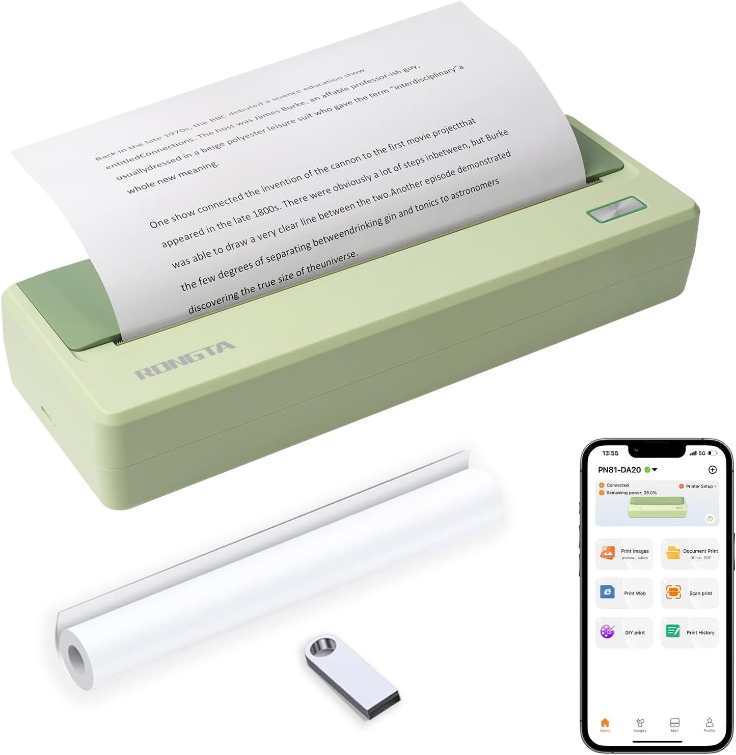 Rongta Portable Printer Wireless for Travel, 300DPI Thermal Inkless Bluetooth Mobile Printer, Support 8.5" X 11" US Letter, Compatible with Android iOS Phone & Laptops (Gray)