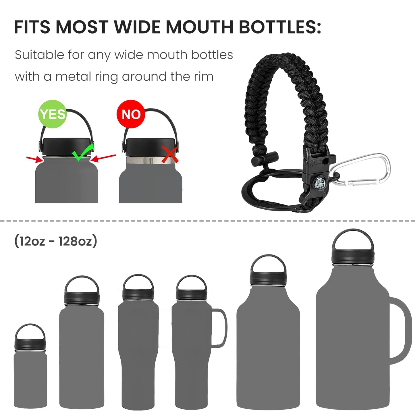 RAYMYLO Water Bottle Handle for Wide Mouth Water Jug, Paracord Handle Strap Carrier for 32 40 64 128 oz Bottle, Hydro Water Flask Accessories for Hiking with Safety Ring Carabiner & Compass Whistle