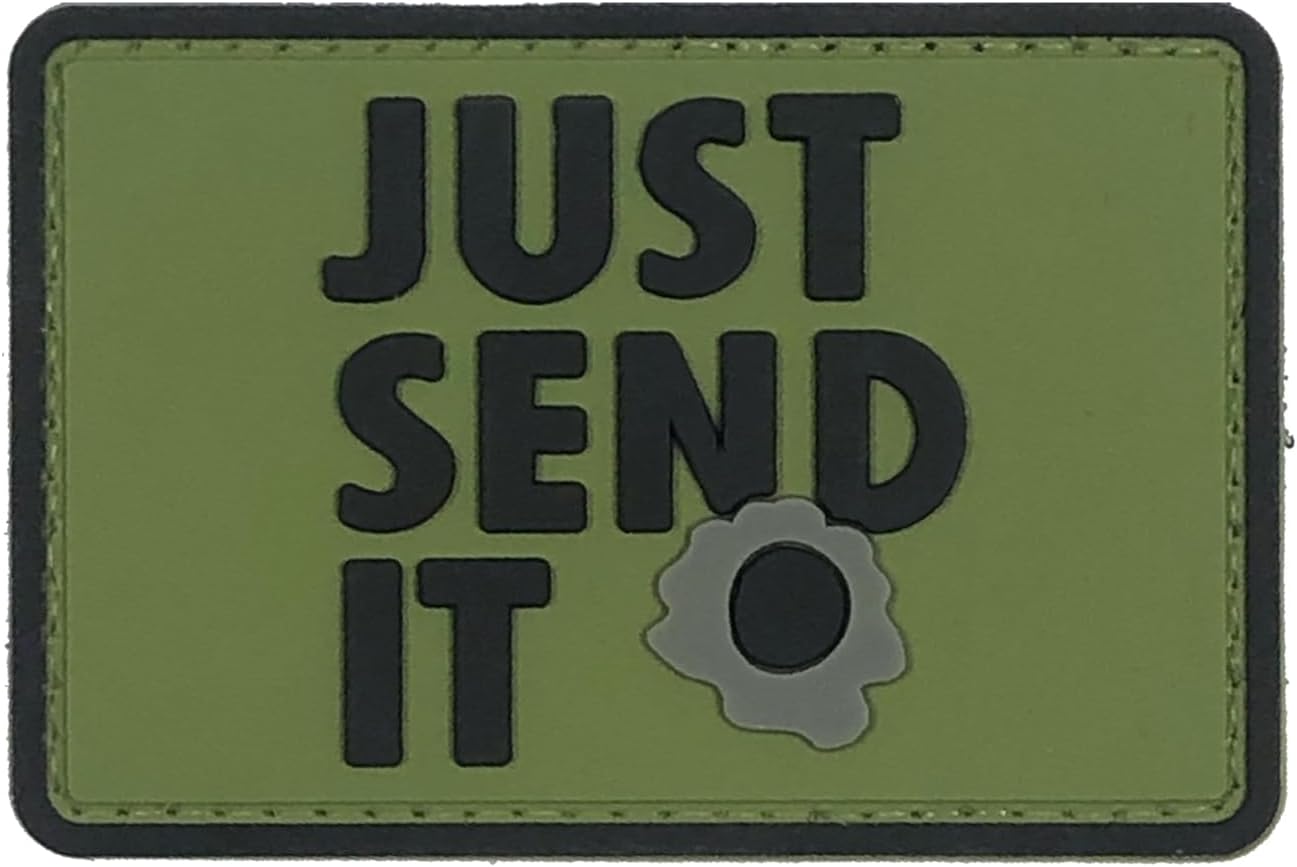 Just Send It Sniper Rubber Tactical Patch 2.95x2 inches with Hook Fastener Back for Hats Caps Clothing Vests Bags Backpacks (Tan)