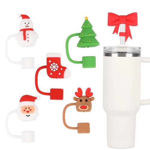 Silicone Straw Cover Cap Compatible with Stanley Cups 30 40 oz Toppers for Tumblers Reusable Dust Proof Straw Cover for 10mm Accessories (6pcs-Christmas)