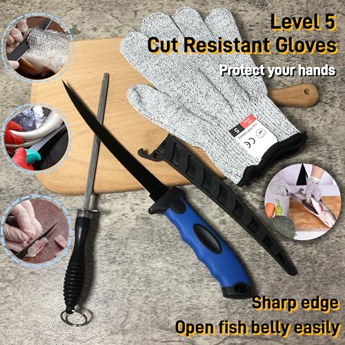 Fishing Knife Set 7PCS with Blue Variation, Fish Cleaning Kit, Fish Scale Brush, Gloves, Storage Bag
