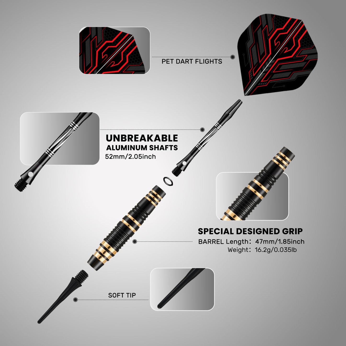HUANQU Soft Tip Darts Set – 3 Pack Professional Darts Plastic Tip | Includes Extra Darts Tips/Flights/Shafts &Darts Case Accessories，Soft Tip Darts for Electronic Dart Board for Adults Darts