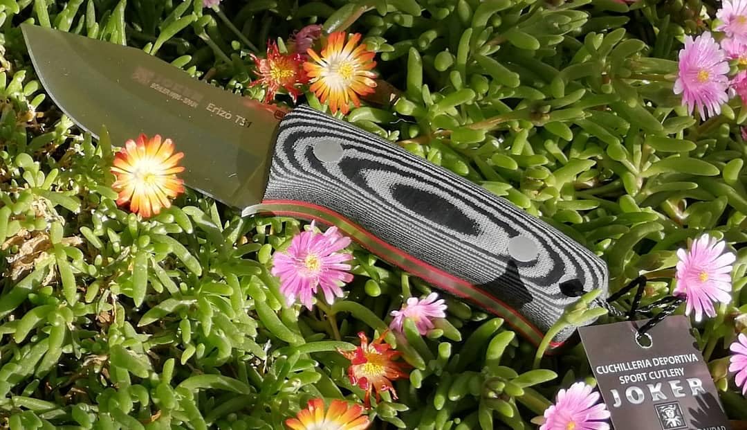 Joker "Erizo TS1 Sports Survival Knife, 2.95-inch Blade, Includes Kydex Sheath, 550 Paracord, Fishing, Hunting, Camping, and Hiking Tool (BLACK MICARTA, KYDEX SHEATH)