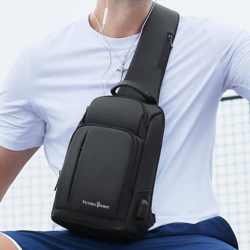 Victoriatourist Sling Bag for Men Women Shoulder Crossbody Backpack Bags With USB Charging Port, Holds 9 Inch Ipad Water Resistant Daily Travel Hiking Chest Bag Casual Daypack, Black