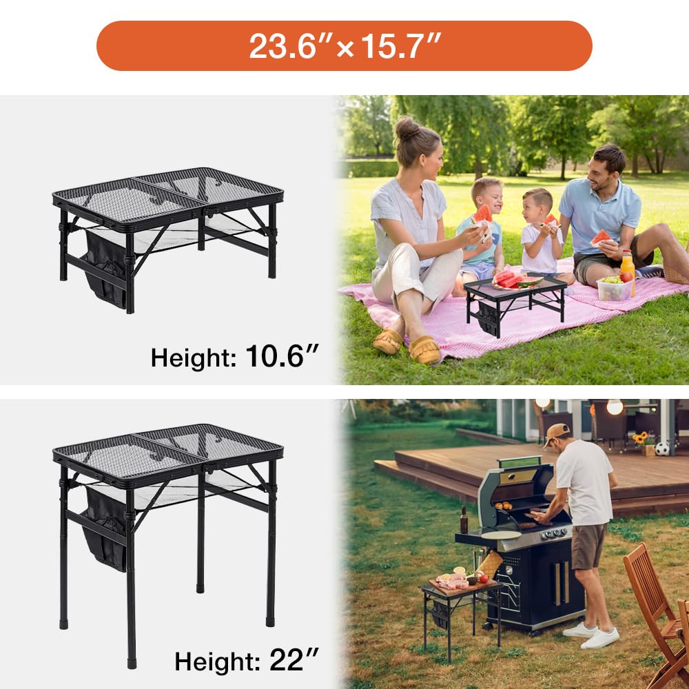 Japard Folding Grill Table, 2 x 1.3 FT Lightweight Height Adjustable Aluminum Table with Mesh Desktop and Mesh Bag for Outdoor Camping Picnic BBQ (Silver, small (23" x 15"))