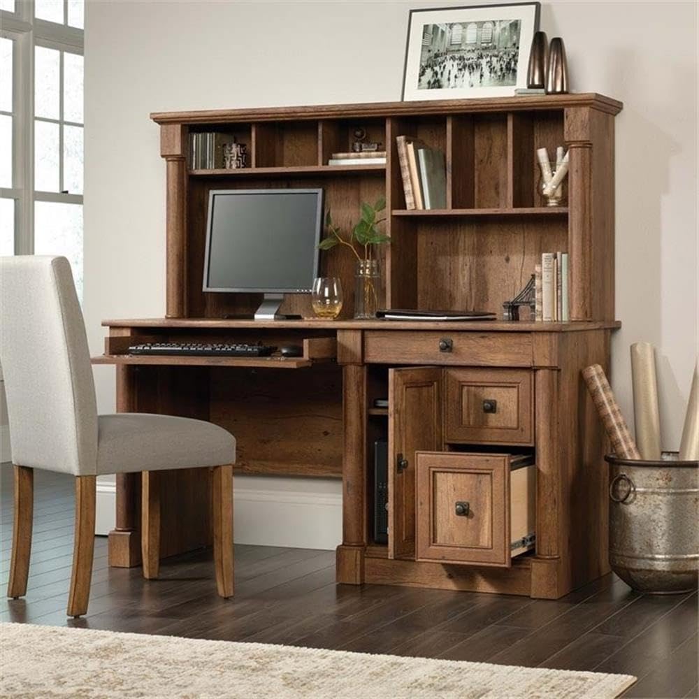 Pemberly Row Contemporary Wood Computer Desk with Hutch in Cherry
