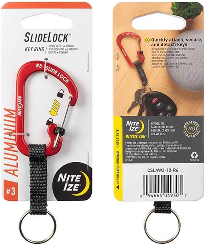 Nite Ize SlideLock Key Ring, Aluminum Locking Carabiner Key Chain with Webbing, Blue