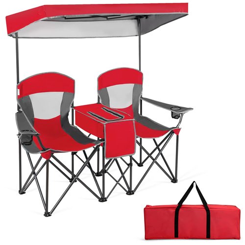 Tangkula Loveseat Camping Chair with Adjustable Shade Canopy, Portable Beach Chair with Cooler Bag, 2 Cup Holders, Carrying Bag, Foldable Double Lawn Chair for Travel, Fishing, Picnic (Red)