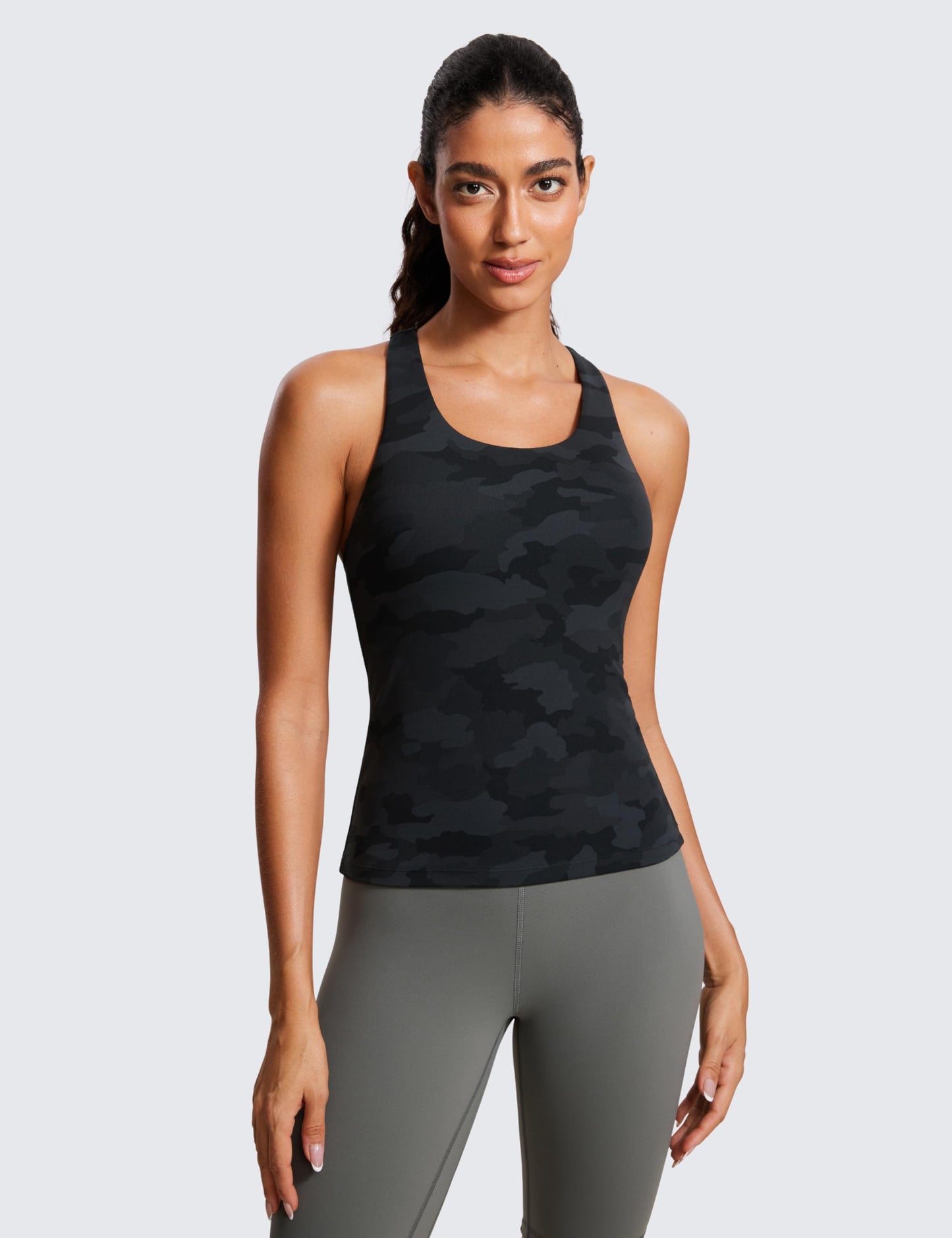CRZ YOGA Butterluxe Workout Racerback Tank Tops for Women - Padded Athletic Spandex Yoga Shirts with Built in Bra Dark Grey Camouflage 2 Small