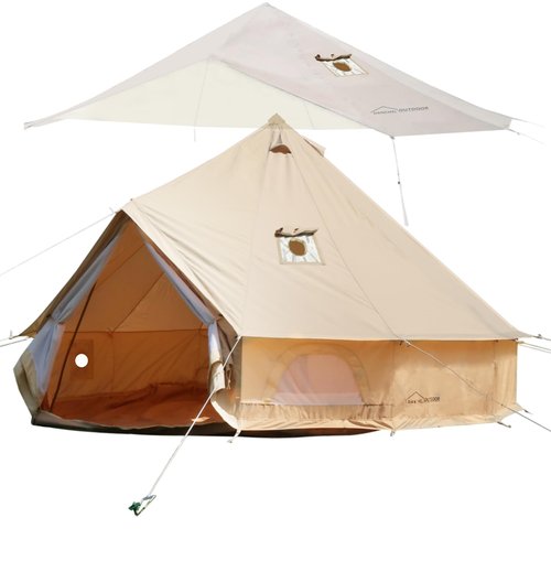 DANCHEL OUTDOOR 4 Season Canvas Yurt Tent with Waterproof Rain Fly Cover for 4 Person Bell Tent Camping, 4m/13ft Khaki
