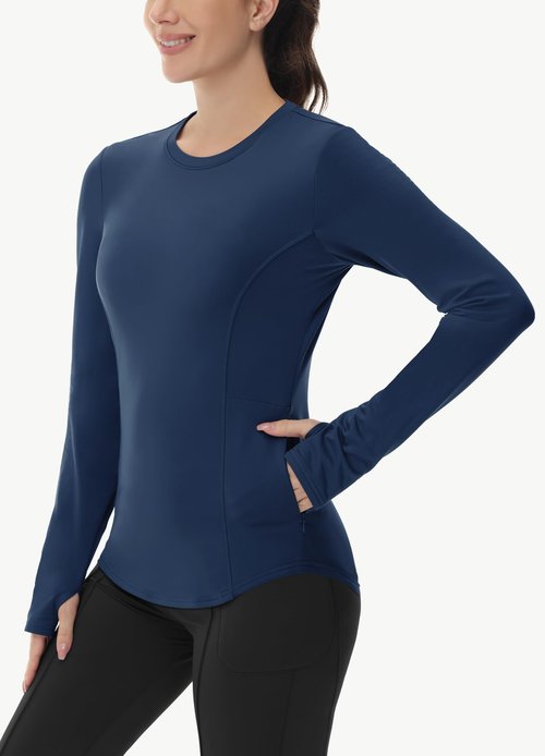 Thermal Shirts for Women Winter Running - Fleece Lined Long Sleeve Warm Tops Cold Weather Gear Thumbholes Zipper Pocket Navy
