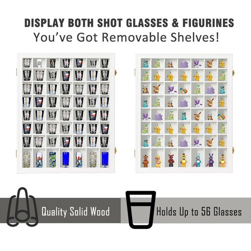 Shot Glass Display Case Wooden Cabinet Rack Holder Wall Mounted 56 Slots White Shadow Box Lockable with UV Protection Acrylic Glass Door Shot Glass Storage Display with Removable Shelves, 23.3"x18.74"
