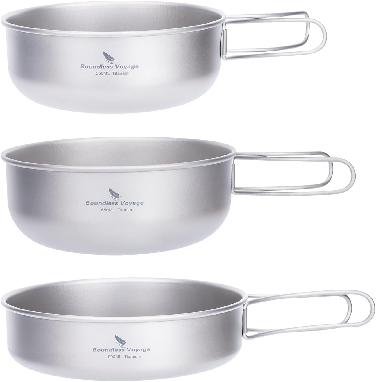 iBasingo 3-Piece Set Titanium Pot Set Camping Cooking Pan with Folding-Handle Outdoor Camp Cookware Pot Sets