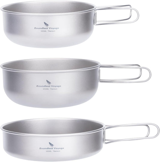 iBasingo 3-Piece Set Titanium Pot Set Camping Cooking Pan with Folding-Handle Outdoor Camp Cookware Pot Sets