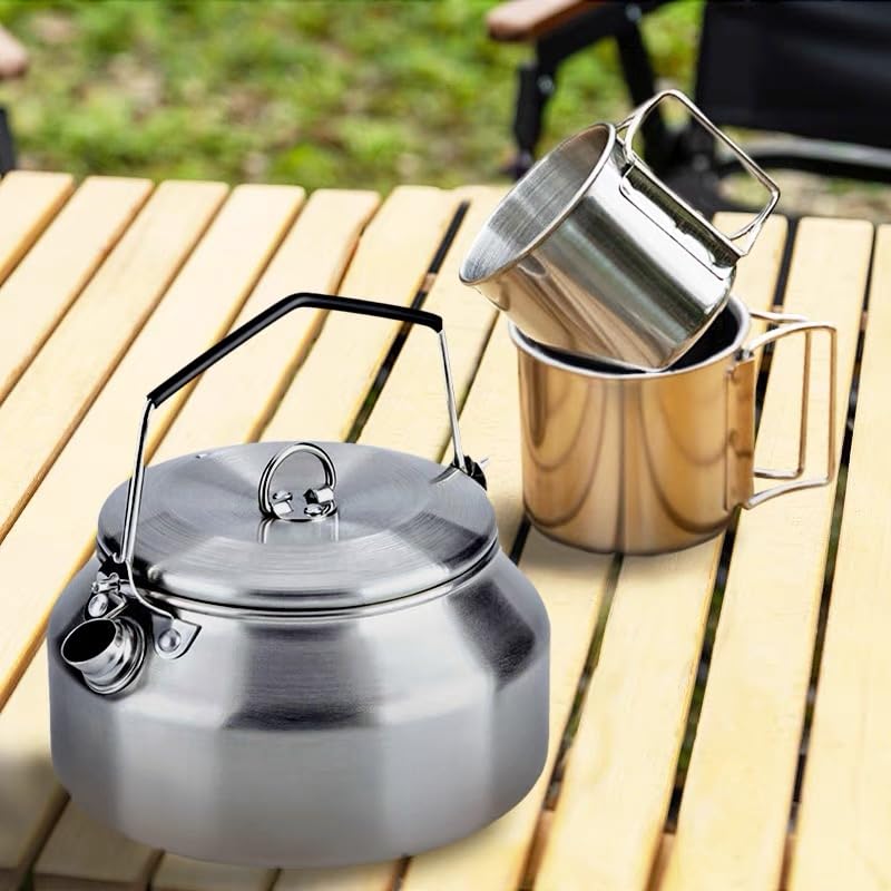 3PCS Camping Kettle Outdoor Campfire Camp Kettle Set with 2 Cups, 1L Stainless Steel camping tea kettle Coffee Pot, Portable Lightweight Teapot, Ideal for Hiking Picnic Travel, Silver