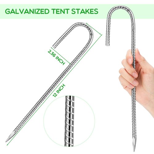 Therwen 50 Pcs 12 Inch Rebar Stakes Ground Stakes Heavy Duty J Hook Galvanized Anti Rust Tent Spikes Anti Rust Galvanized for Camping Garden Chicken Coop Outdoor Yard House